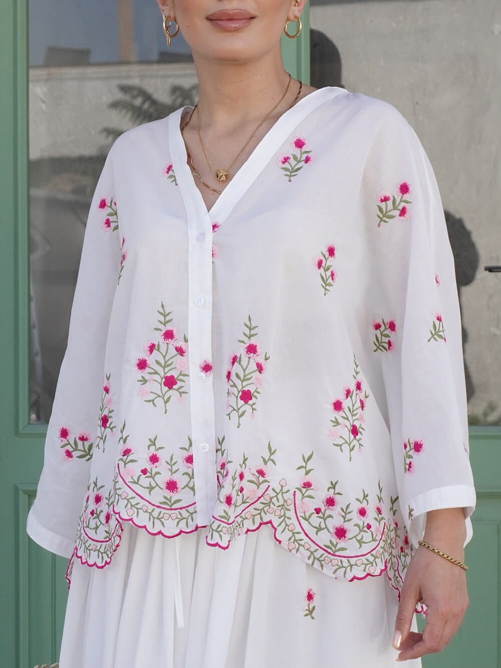 Delicate Floral Embroidered Ruffle Blouse White
