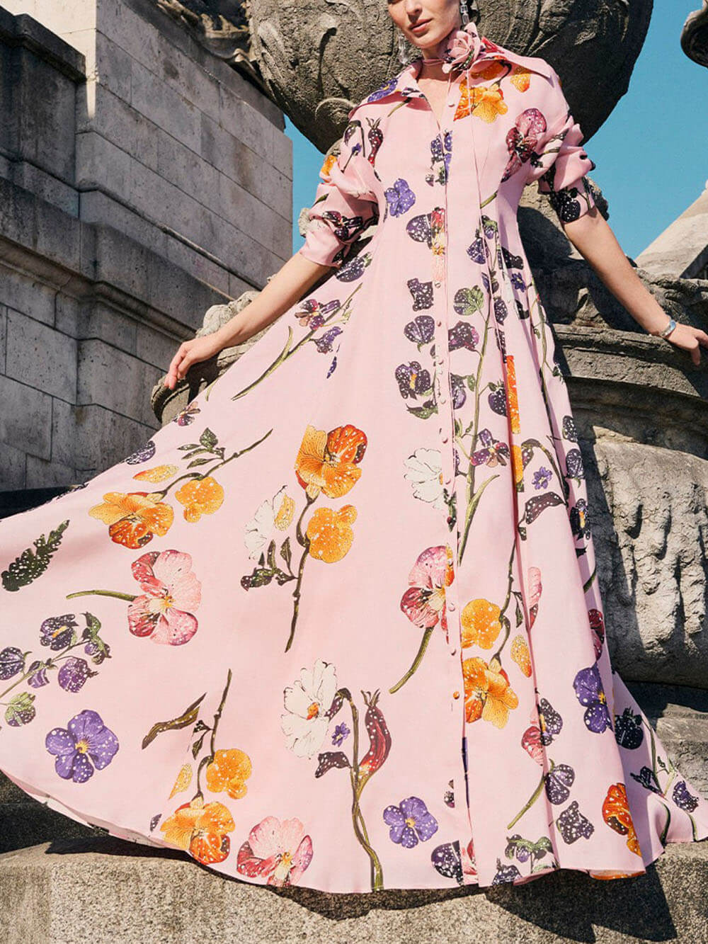 Exquisite Fashion Floral Print Button-Front A-Line Maxi Dress Pink