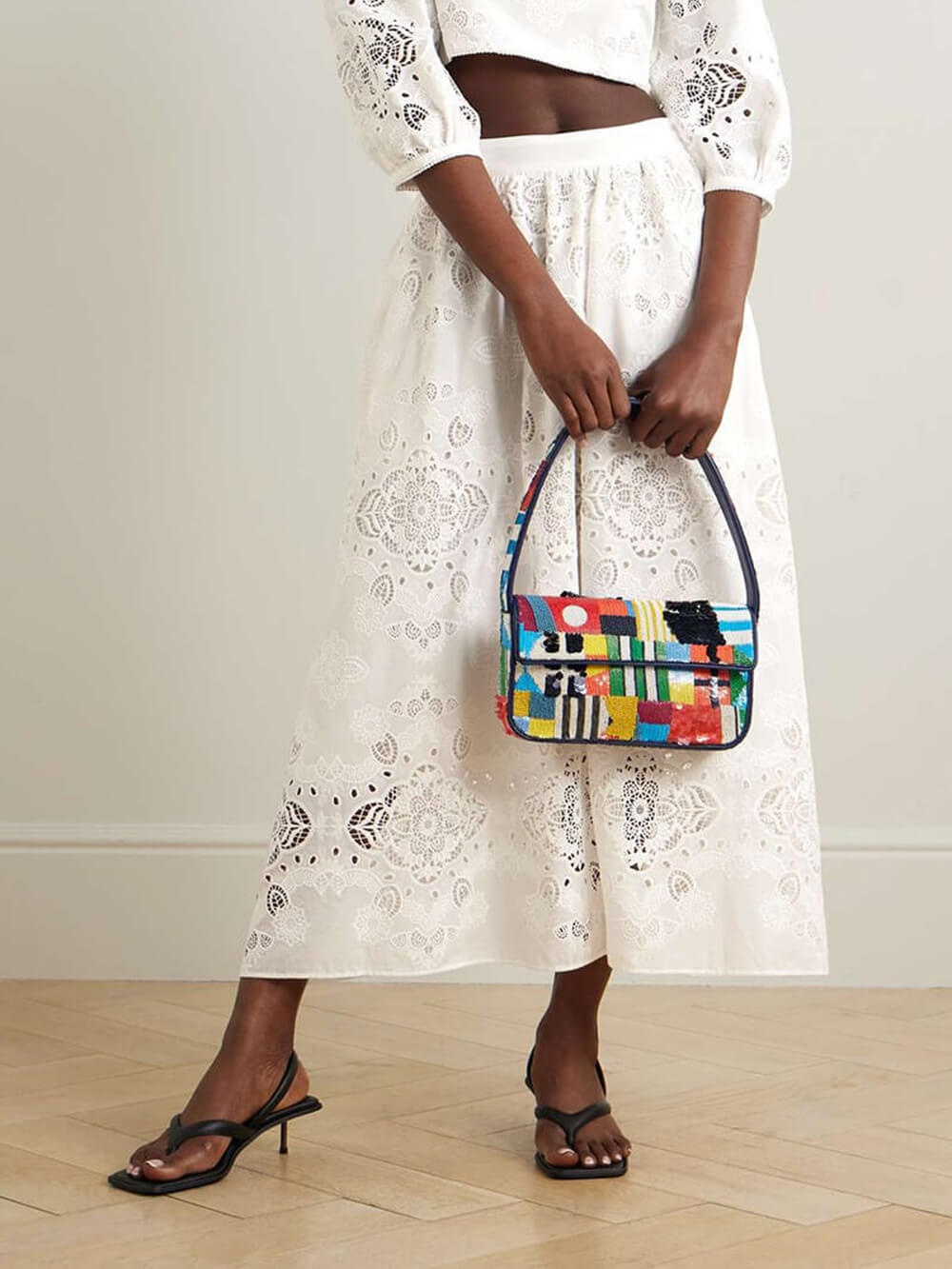 Retro Lace Crochet Embroidered Elastic Waist Midi Skirt White