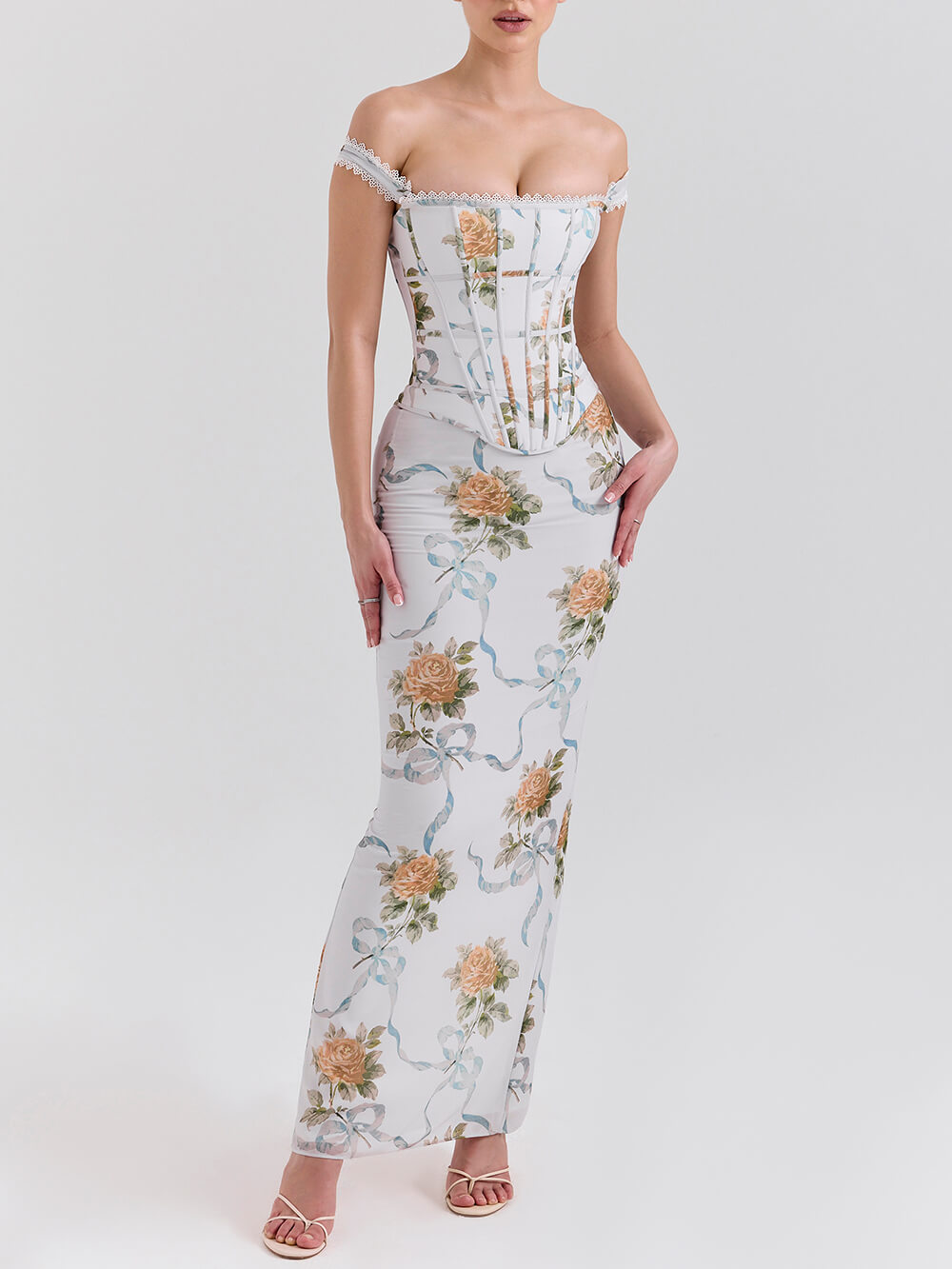 Retro Print Corset Maxi Dress Blue