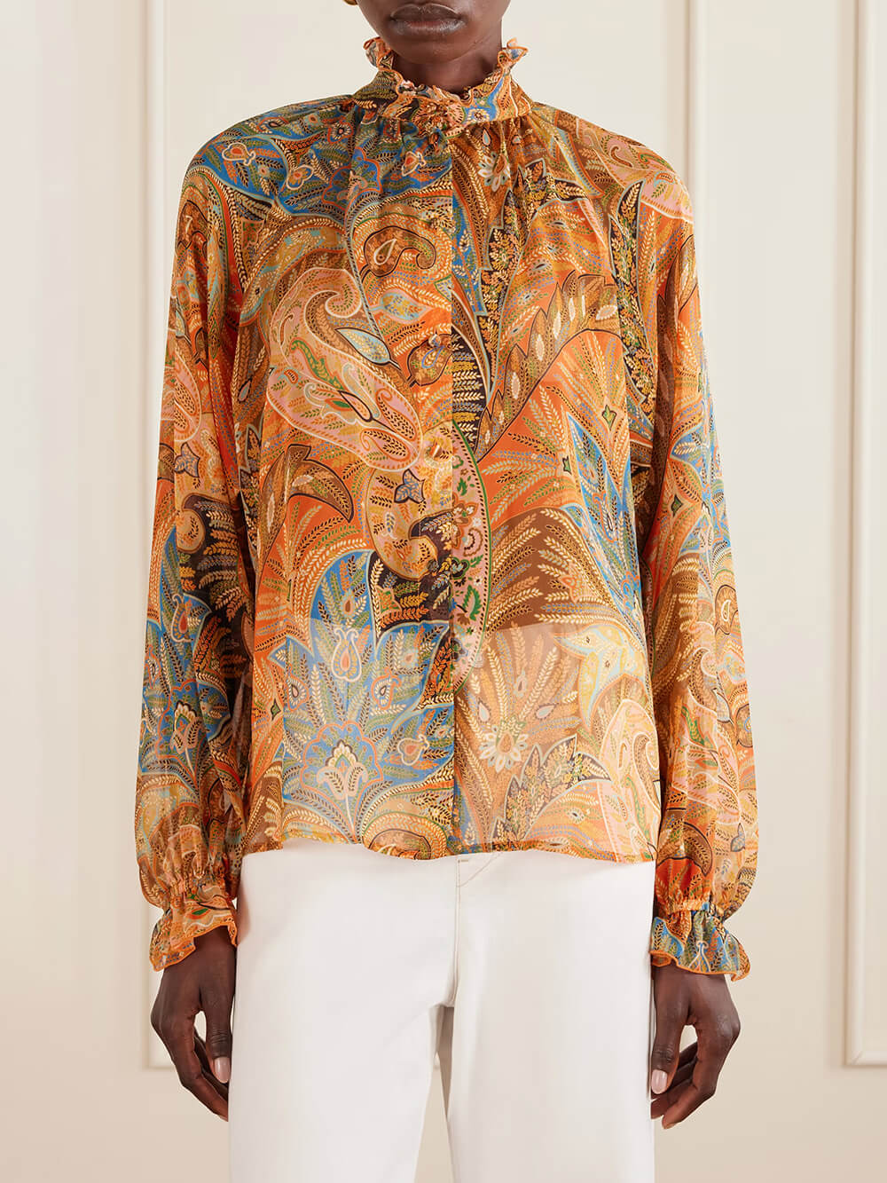Exquisite Ruffle Trim Paisley Print Chiffon Blouse Orange
