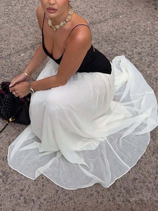 Elegant Color-Block Spaghetti Strap Backless Maxi Dress