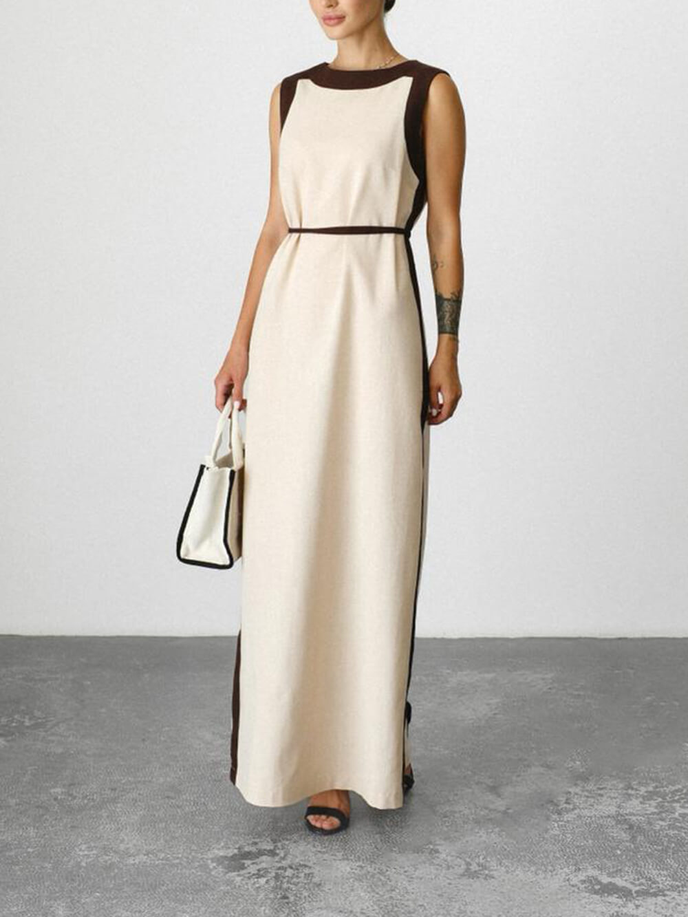 Unique Retro Colorblock Belted Linen Maxi Dress Beige