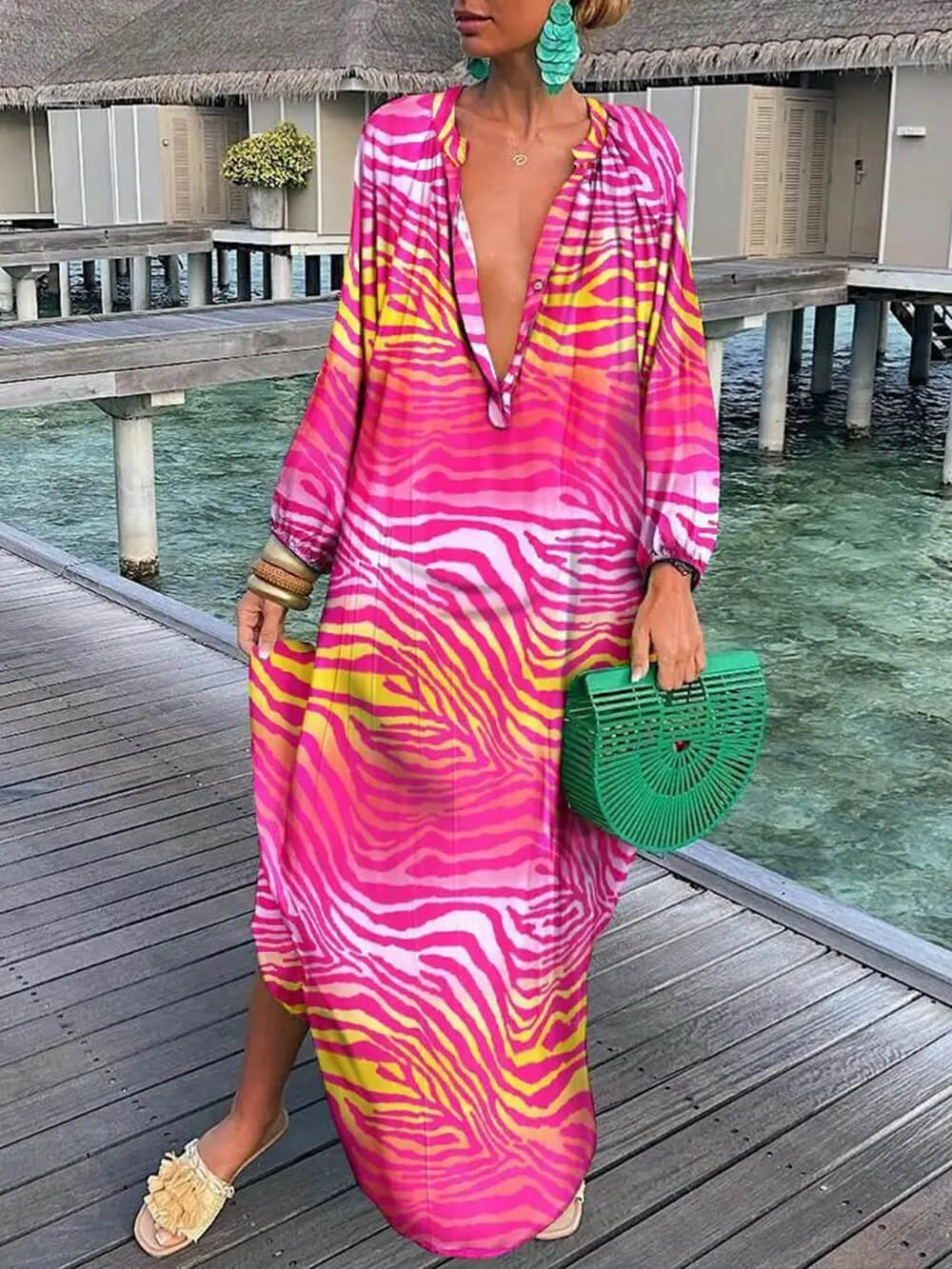Bohemian V-Neck Printed Maxi Dress Rose Red