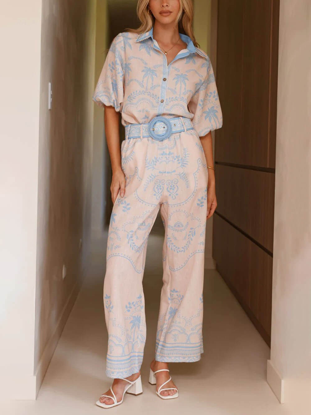 Casual Temperament Printed Linen Short-Sleeved Top With Belt And Straight Pants Set Blue