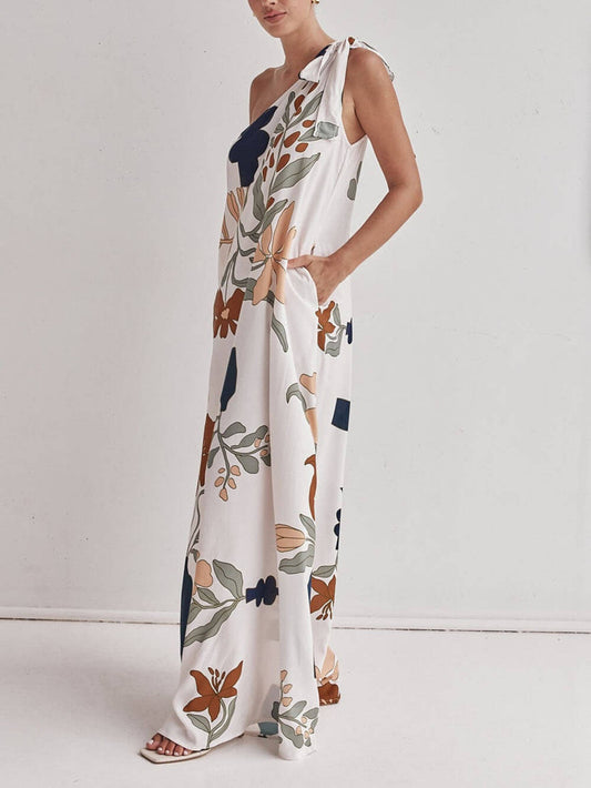 Unique Print One Shoulder Tie-up Pocketed Loose Maxi Dress