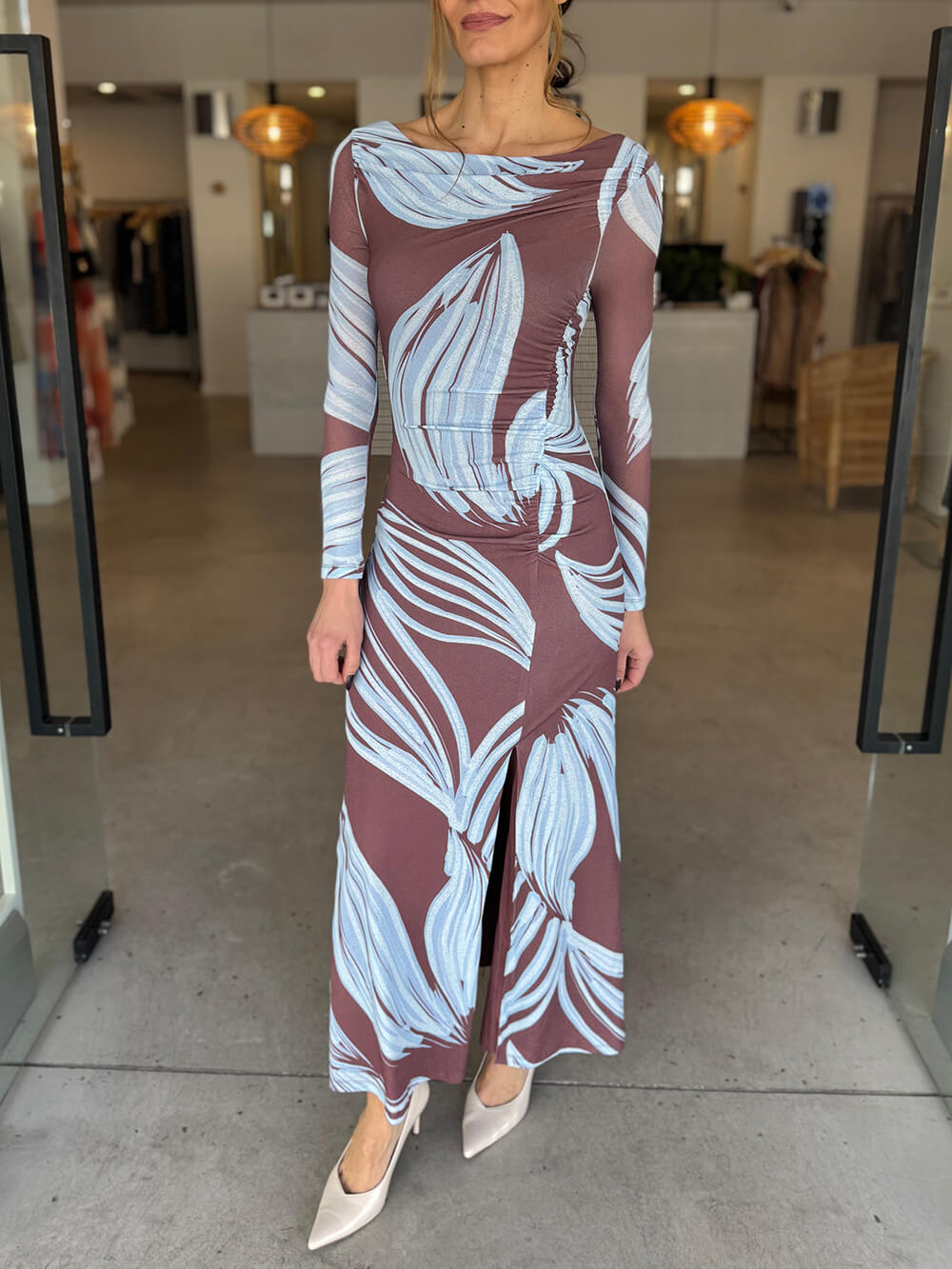 Elegant Printed Off-Shoulder Ruched Front Slits Maxi Dress Purple