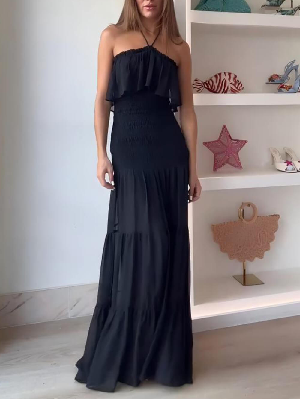 Elegant Ruched Layered Halter Backless Chiffon Maxi Dress Black