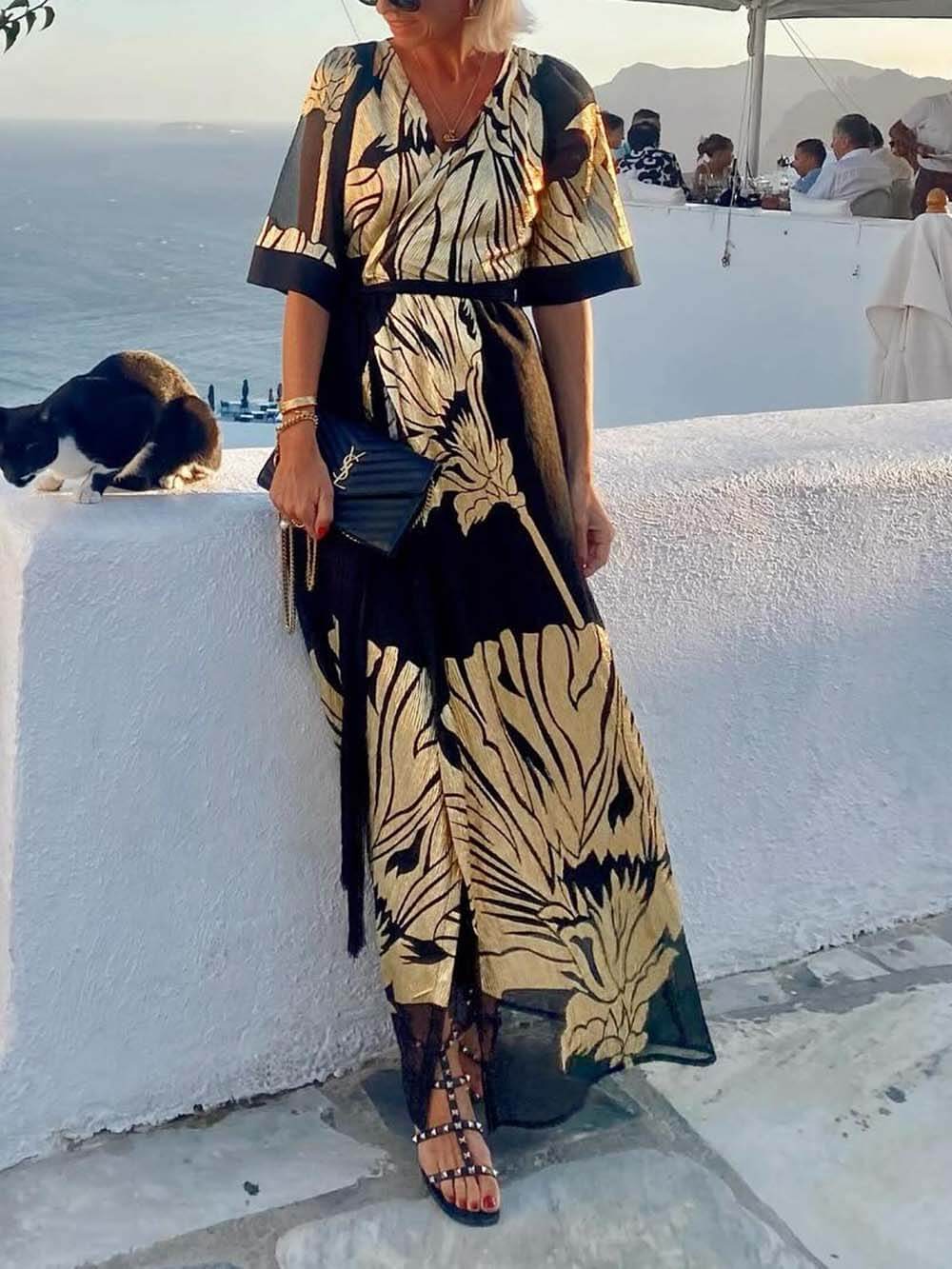 Unique Casual Printed V-Neck Loose Maxi Dress Gold
