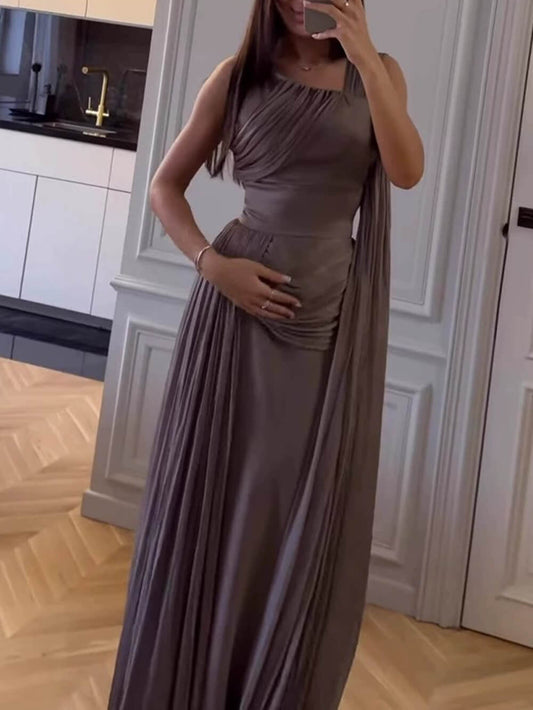 Elegant Draped Sash Satin Evening Gown Maxi Dress