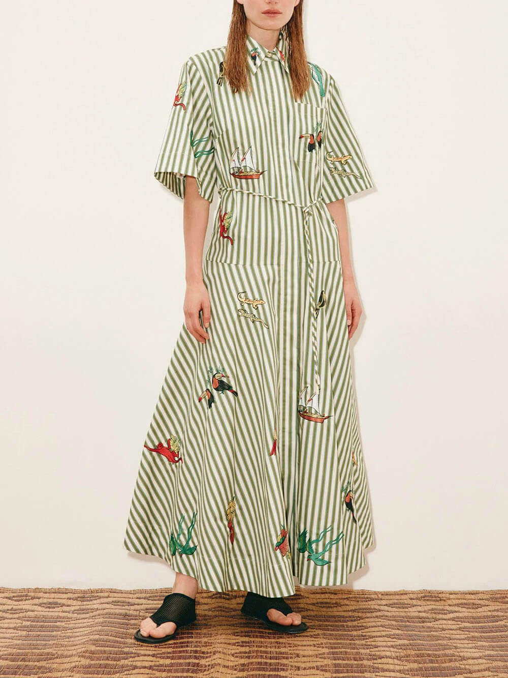 Classic Striped Button-Front Tie-Waist A-Line Maxi Shirtdress Green