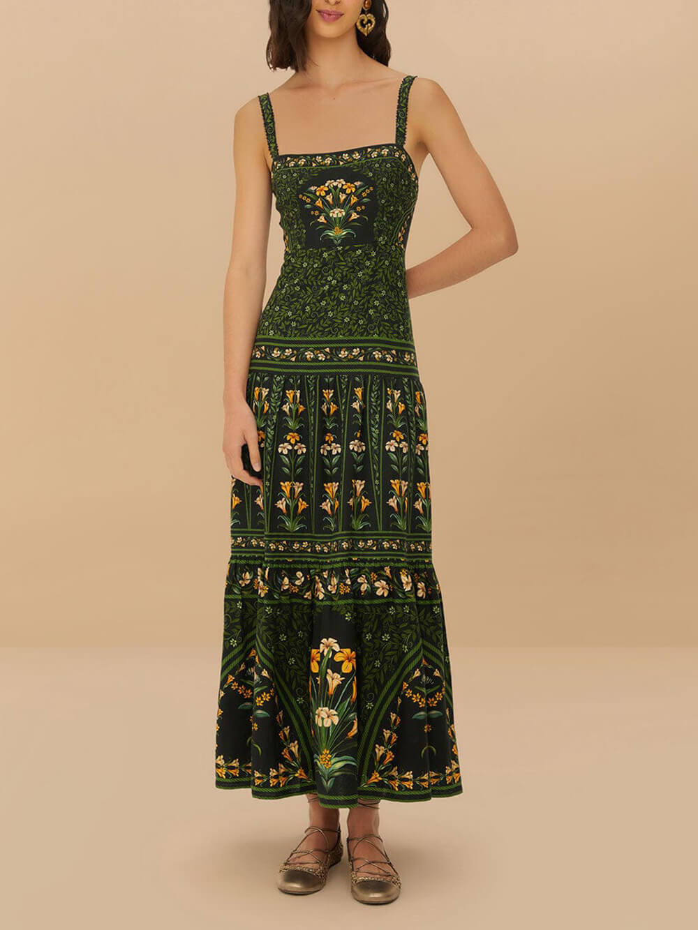 Unique Tropical Bloom Floral Print Linen-Blend Pleated Back Maxi Dress Green