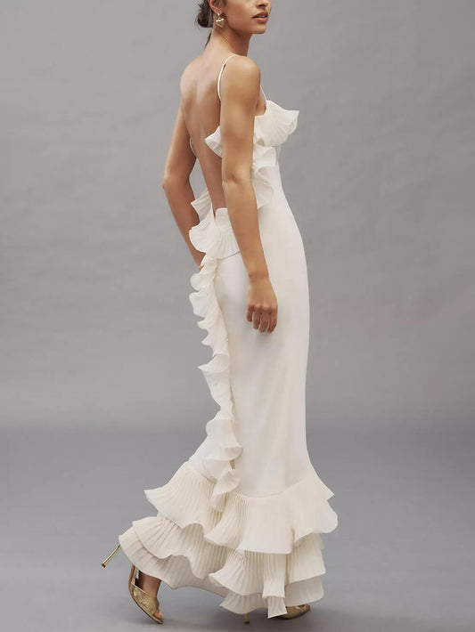 Elegant Pleated Chiffon Ruffle Trim Spaghetti Strap Maxi Dress