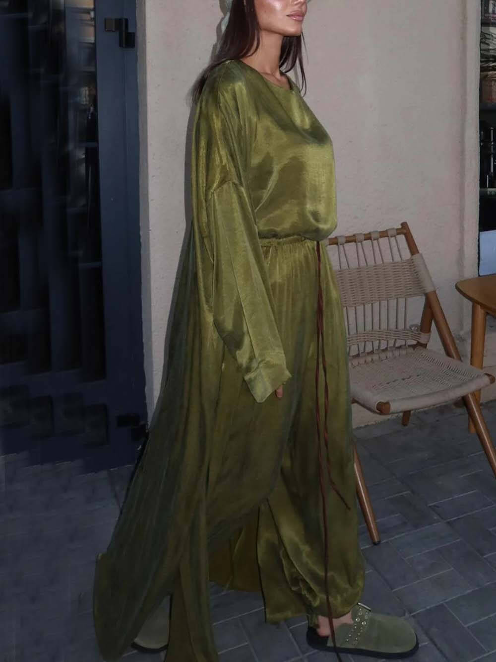 Casual Longline Cardigan-Style Top Green