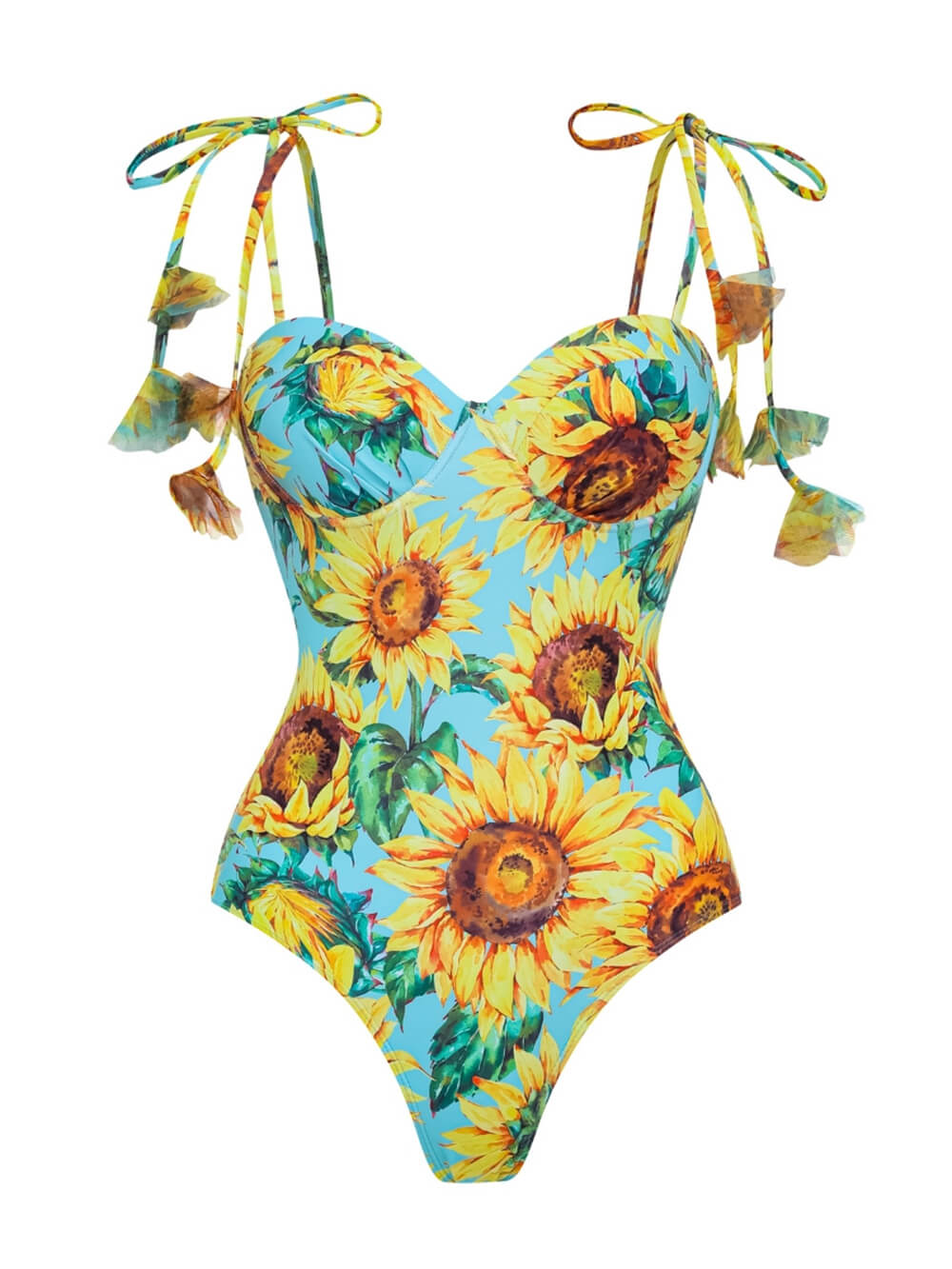 Sunflower Print Tie-Waist Hard-Pouch One-Piece Swimsuit