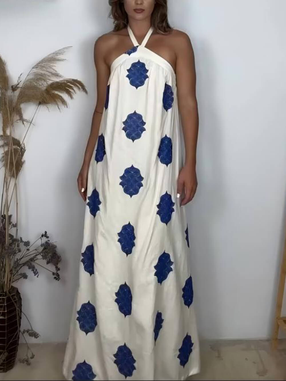 Elegant Printed Halter Backless A-Line Maxi Dress White