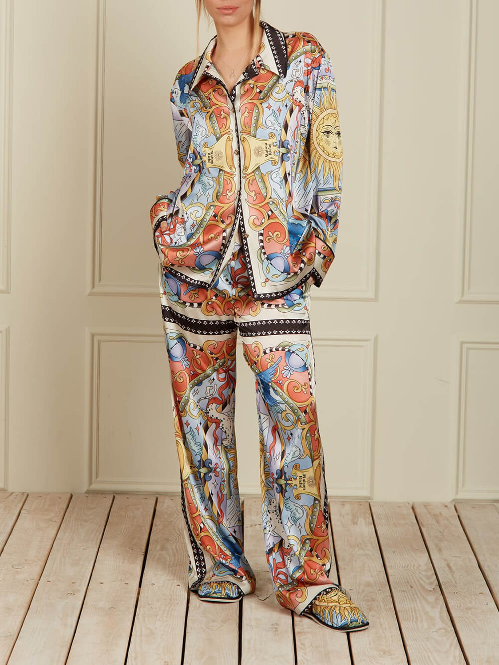 Unique Satin Sunshine Print Turn-Down Collar Loose Fit Shirt And Elastic Waist Wide Leg Pants Set Multicolor Set