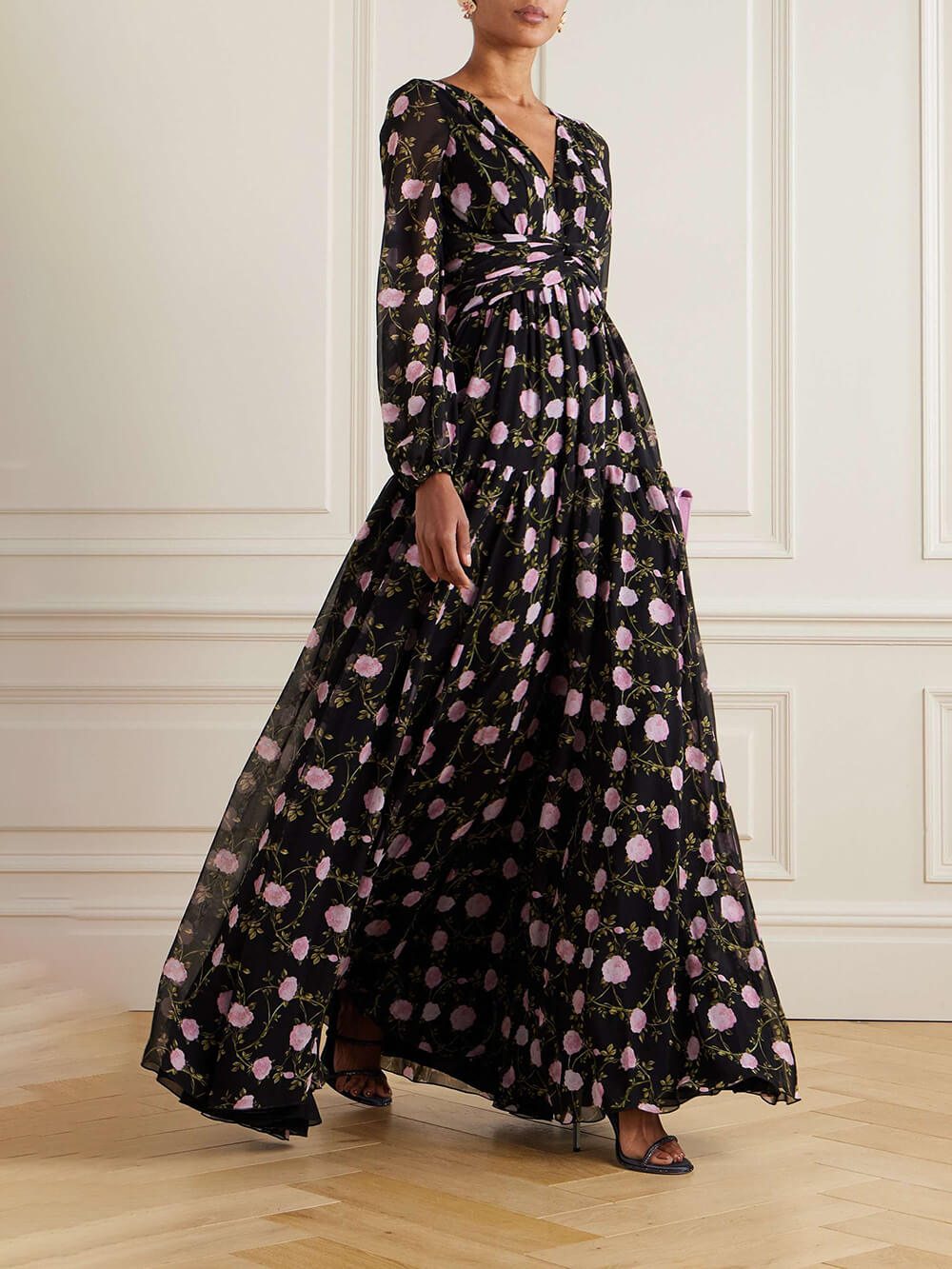 Romantic Exquisite Pleated Floral Print Chiffon Maxi Dress Black