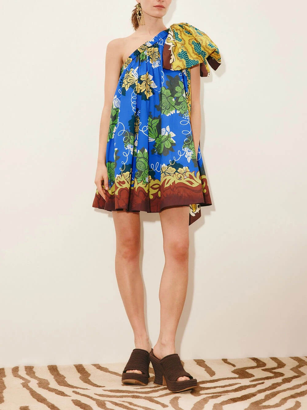 Delicate Printed Bow One-Shoulder Mini Dress Blue