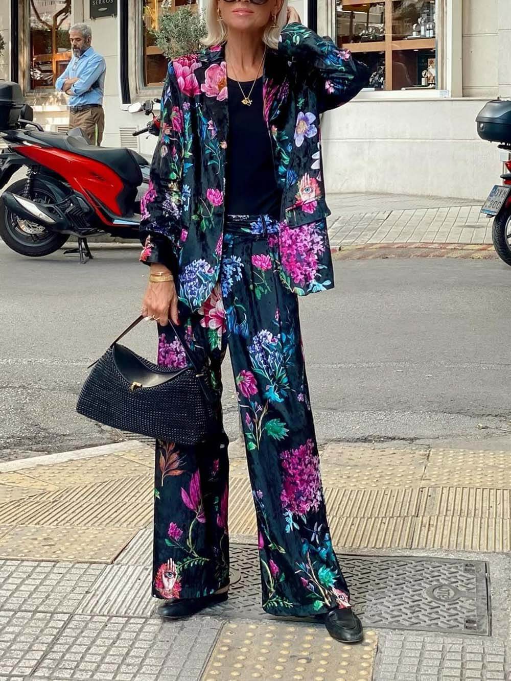Retro Floral Print Blazer & High-Waist Wide-Leg Pants Set