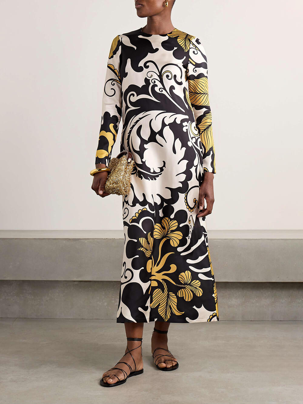 Unique Satin Swing Print Twill Midi Dress Black