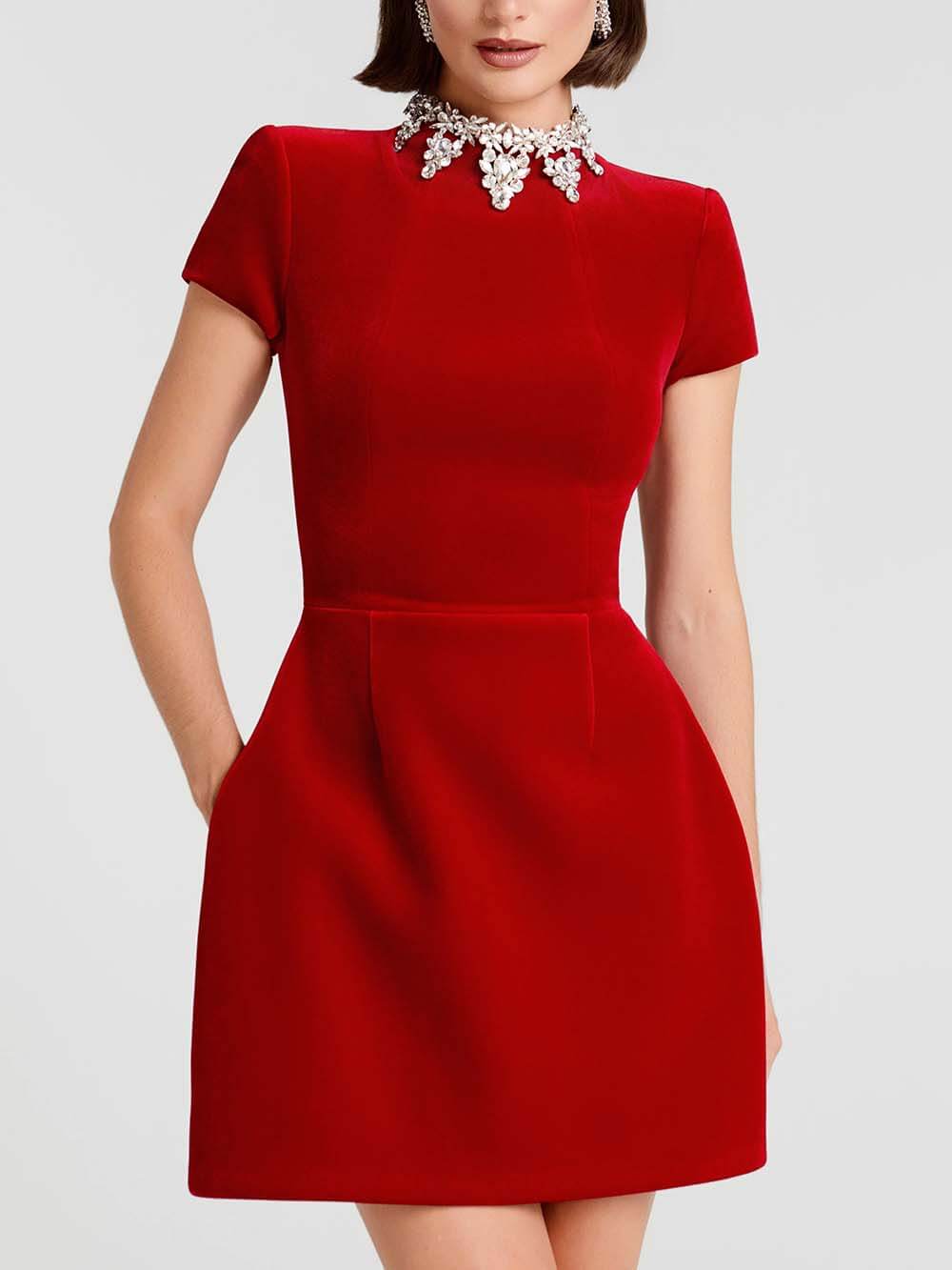 Elegant Jewel-encrusted Turtleneck Short Sleeve Pocket Tulip Mini Dress Red