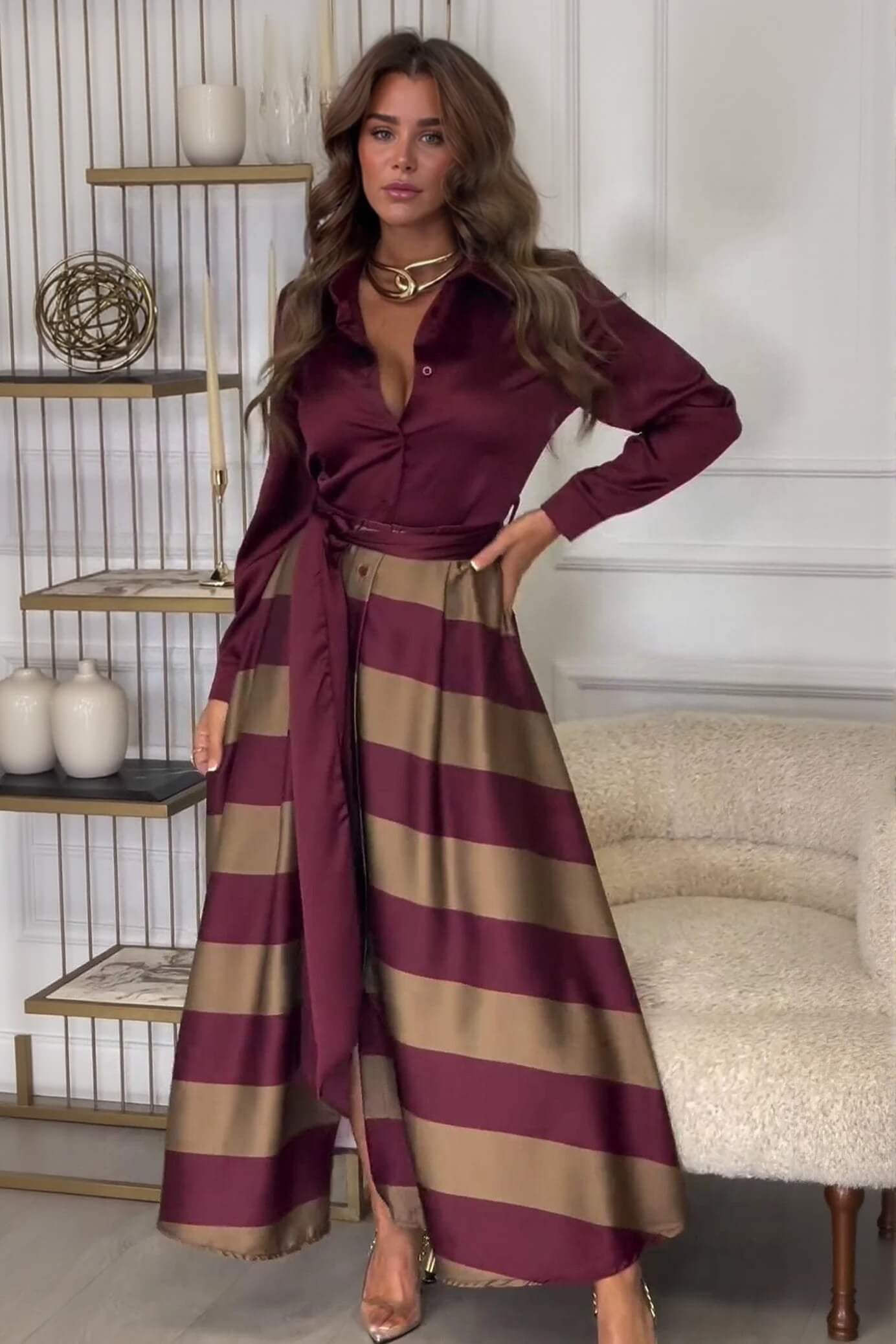 Exquisite Red Striped Print Patchwork Collared Maxi Dress Red