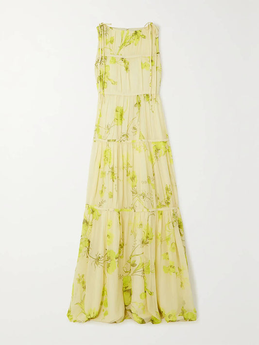 Vintage Bloom Tie-Front Layered Floral Print Chiffon Casual Maxi Dress