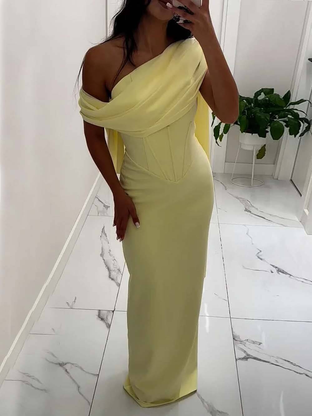 Elegant One-shoulder Draped Detail Gown Maxi Dress Yellow