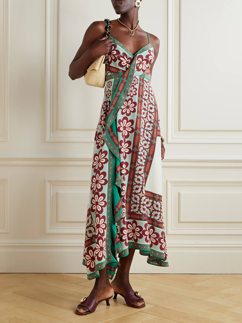 Classic Turn Around Wrap-Effect Printed Satin Midi Dress Multi