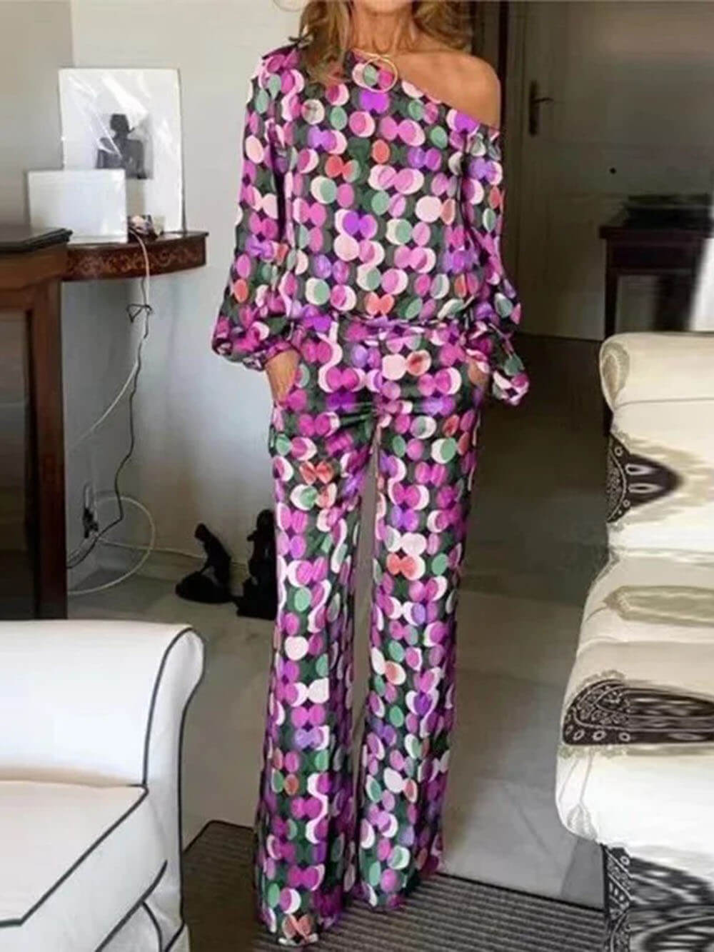 Elegant And Unique Large Polka Dot Printed Off-Shoulder Tops Elastic Pockets Straight Pants Suits Purple