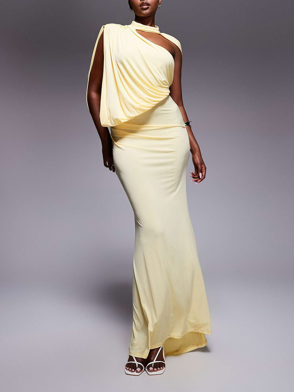 Exquisite One-Shoulder Draped Pleated Cape Maxi Dress Yellow