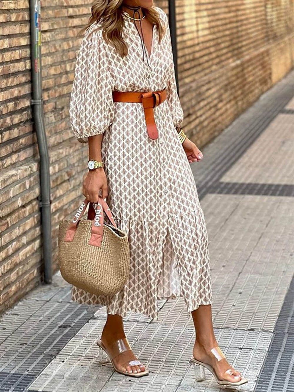 Unique Pattern Print V-Neck Simple Belt Midi Dress Khaki