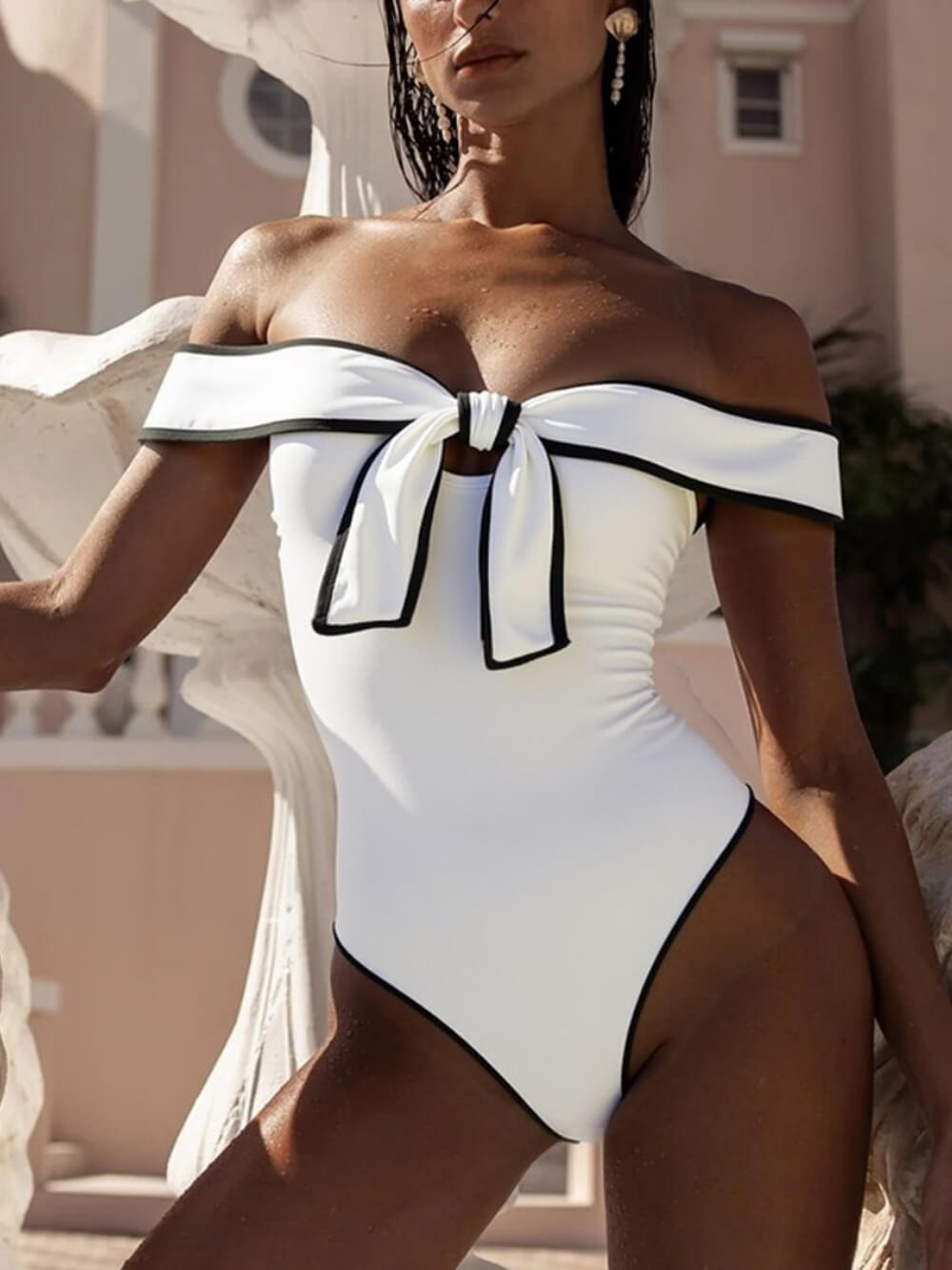 Sexy Strapless Black And White Colorblock One-Piece Swimsuit White