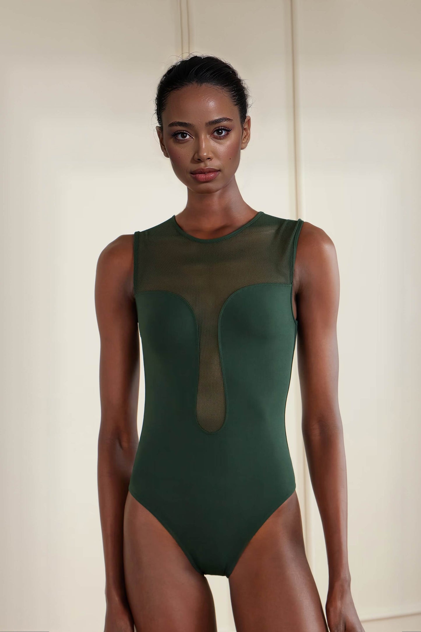 Unique Backless Mesh-Trim One-Piece Swimsuit Green