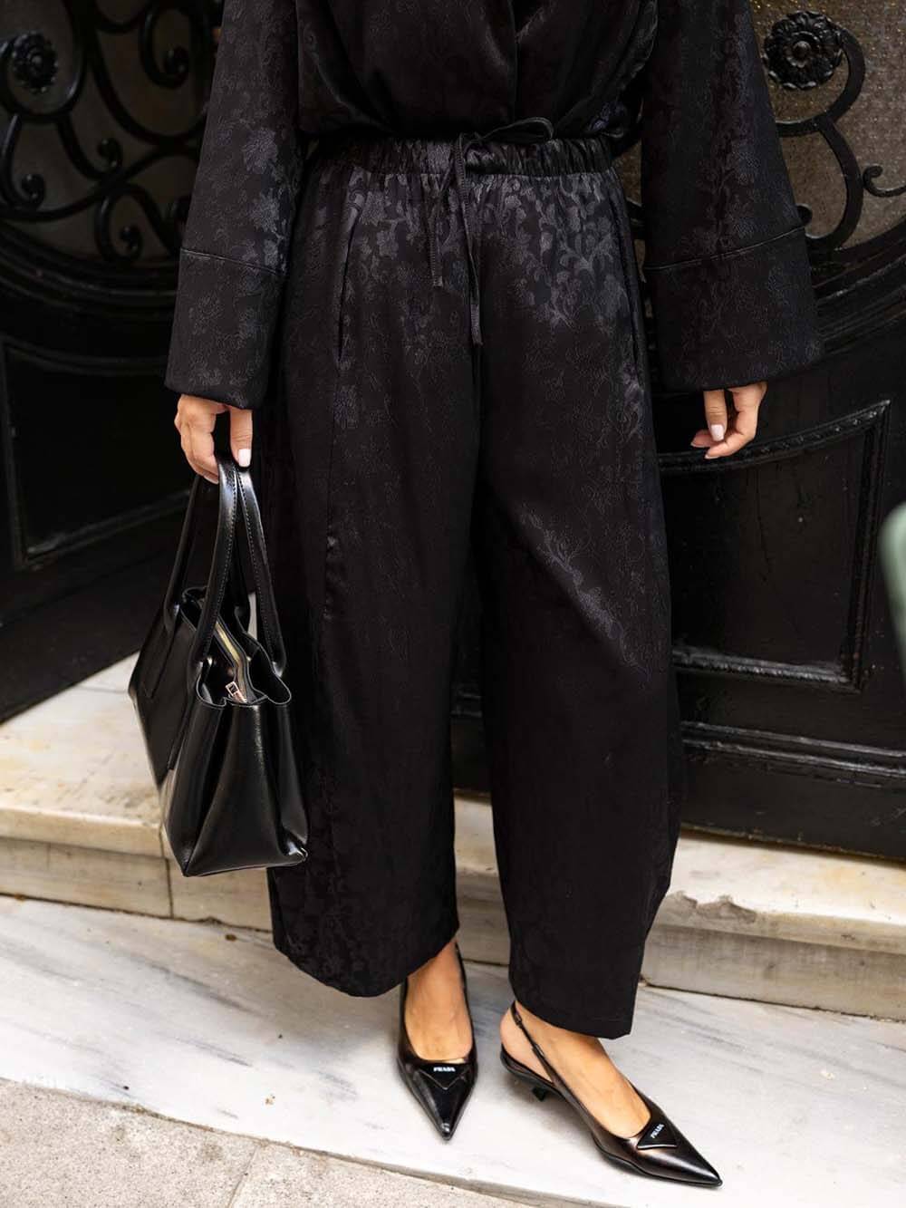 Vintage Satin Print Drawstring Elastic Waist Straight-Leg Pants Black