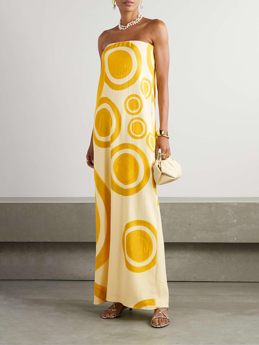 Elegant Off-Shoulder Circle Print Double-Crepe Maxi Dress Yellow