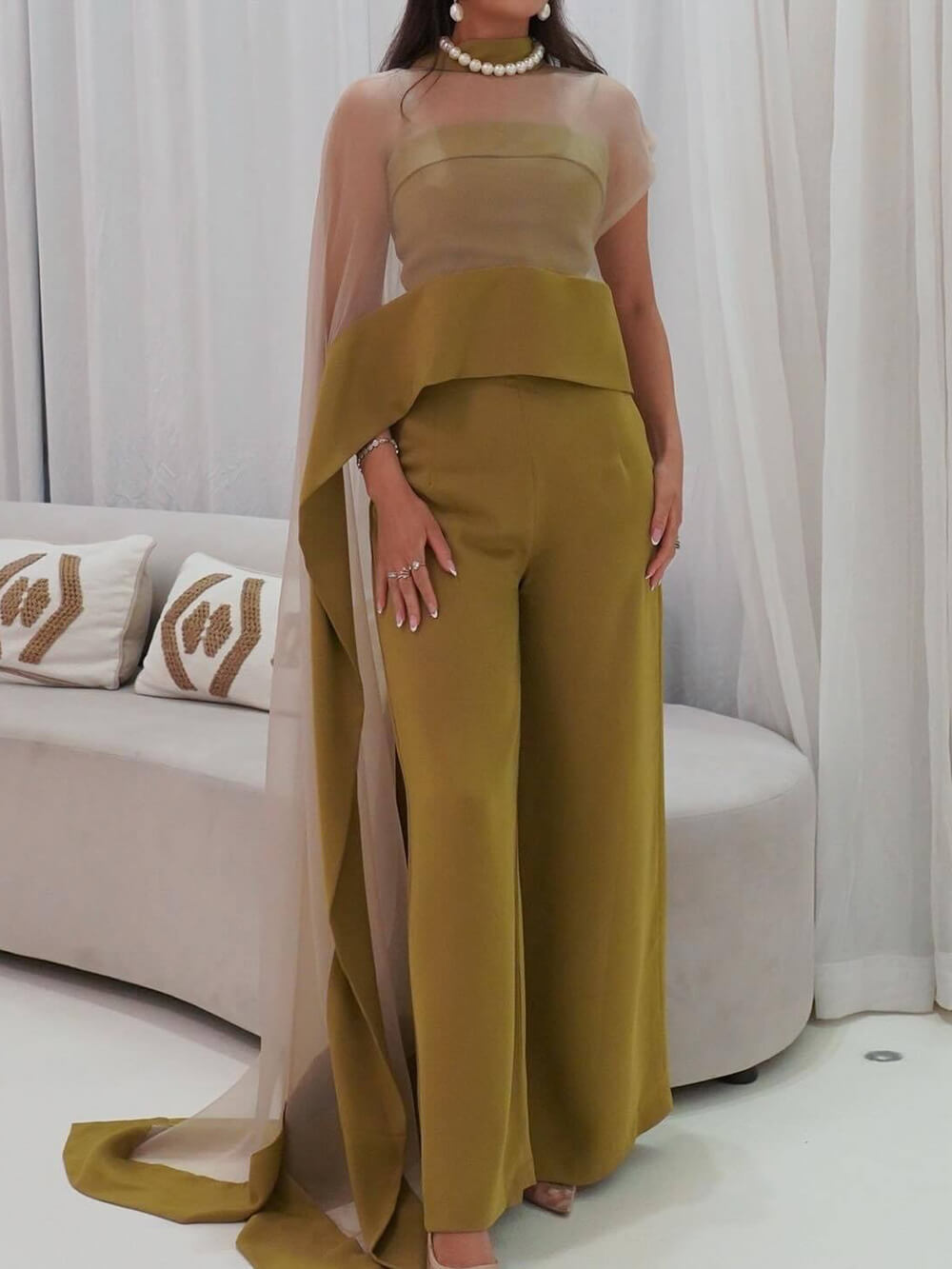 Elegant and Sexy Mesh Cape Jumpsuit Two-Piece Set Ginger