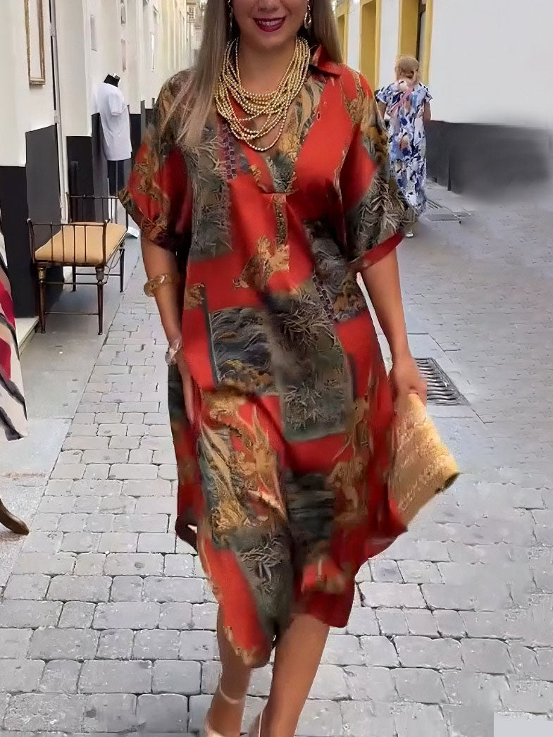 Retro Satin Print V-Neck Shirt Midi Dress Red
