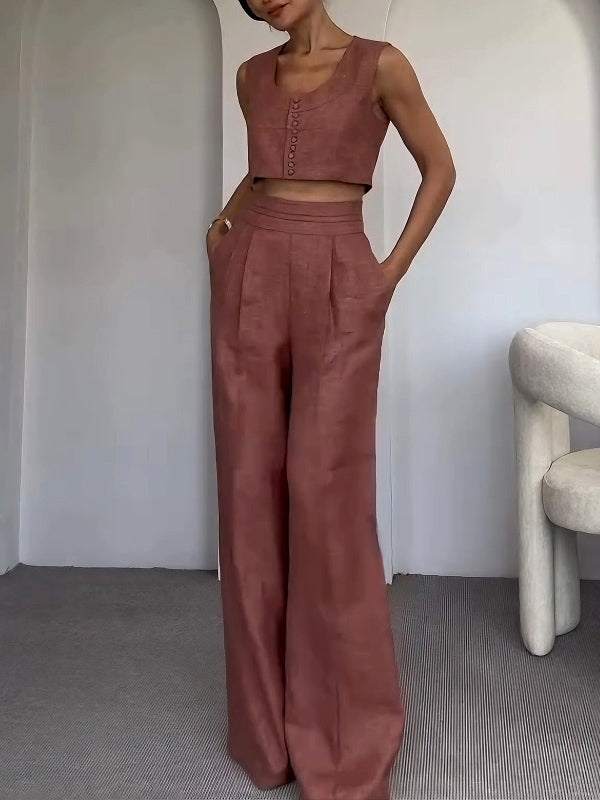 Casual Short Vest And Trousers Two-piece Set Brown