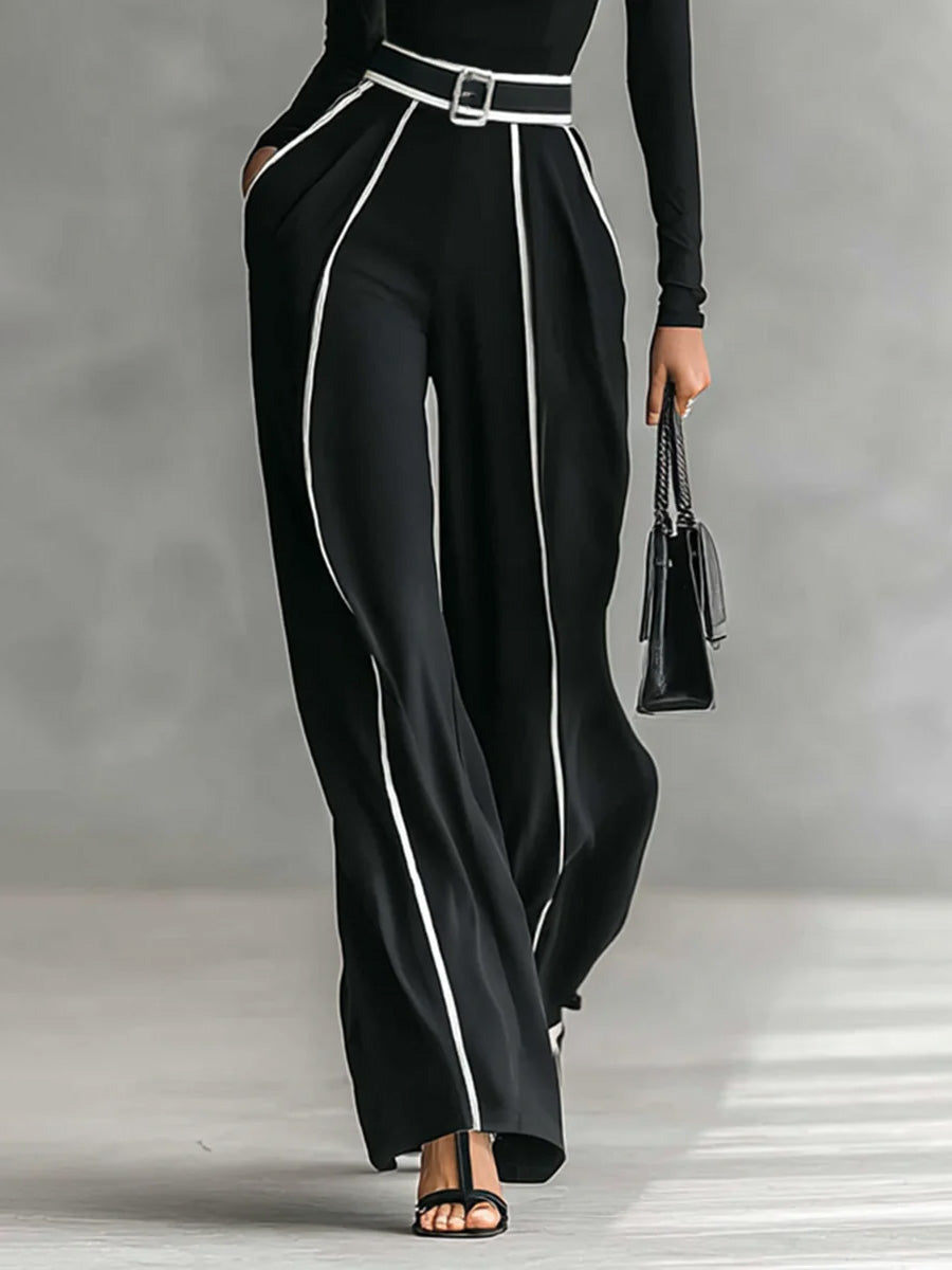 Elegant High Neck Slim Fit Long Sleeve Top Black Pants