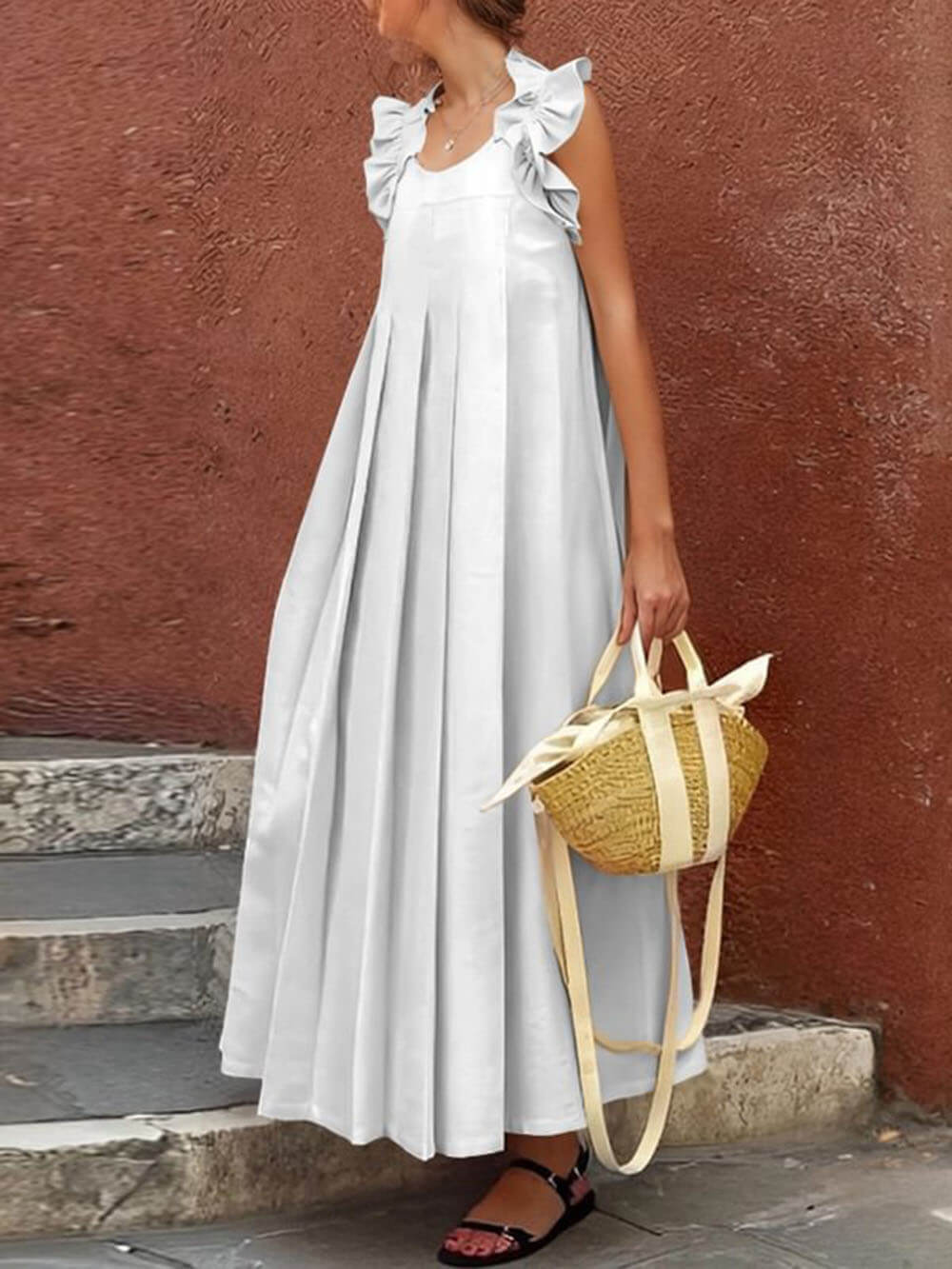 Fashionable And Casual Ruffled Decorative Pleated All-Match Holiday Maxi Dress Ivory
