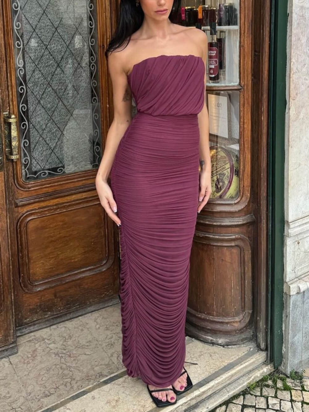 Elegant Mesh Strapless Ombre Print Bodycon Mermaid Gown Maxi Dress Purple