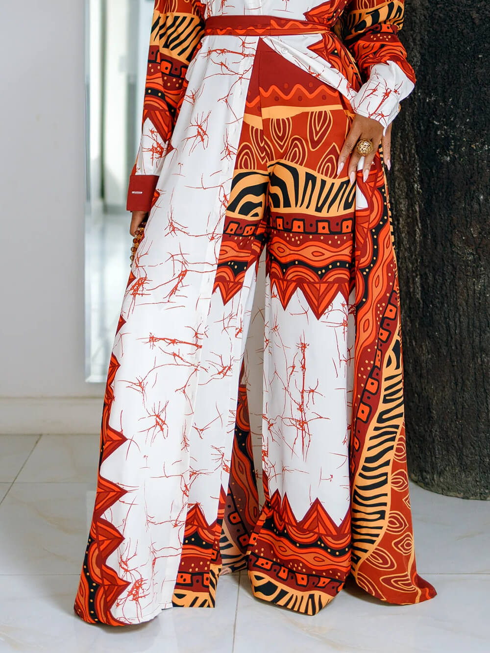 Unique Fashionable Ethnic Print High-Waist Wide-Leg Pants Multicolor