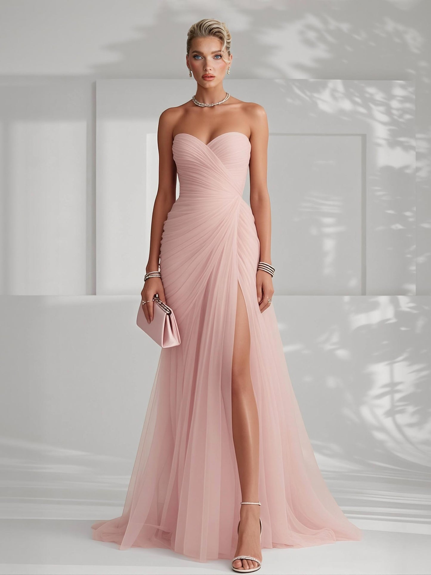 Elegant Strapless Pleated Tulle Maxi Dress Pink
