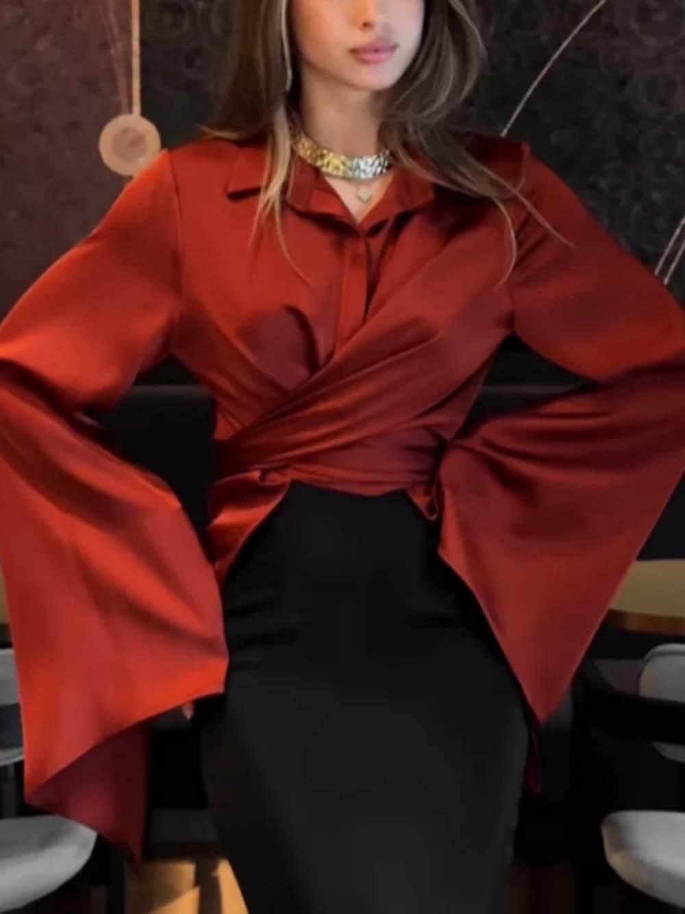 Fashion Satin Button Front Center Cross Straps Long Bell Sleeve Shirt Red