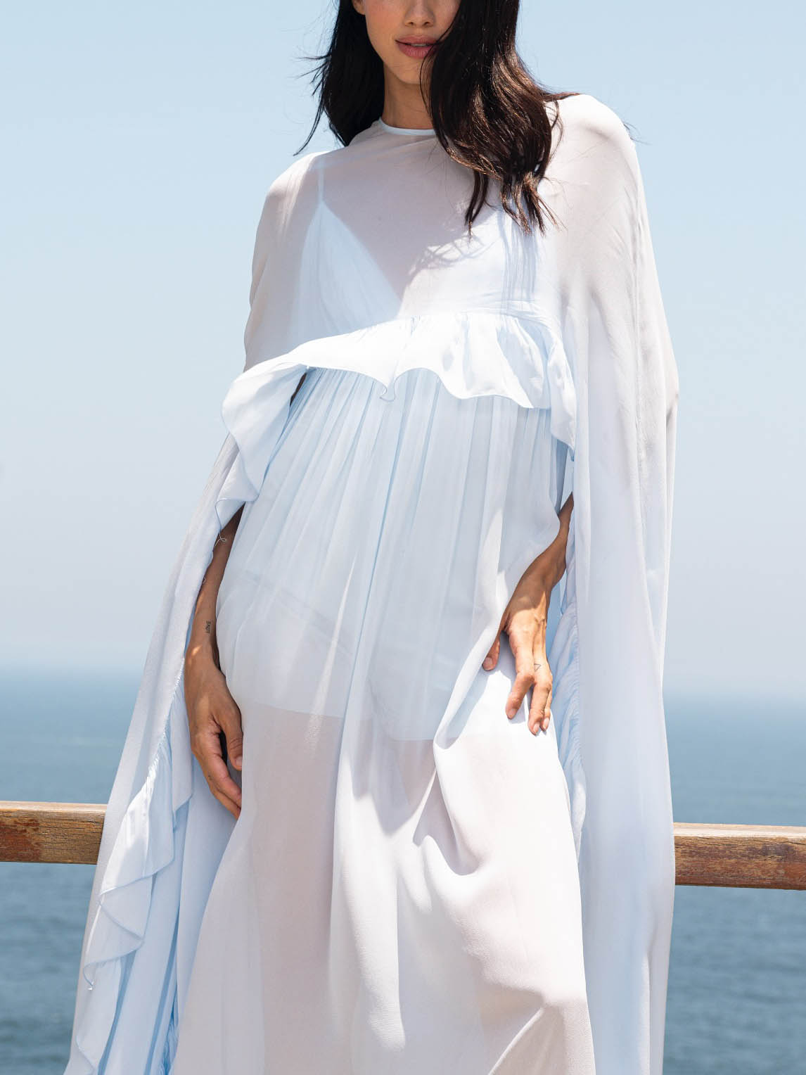 Elegant Ruffled Chiffon Cape-style Long Tops Blue