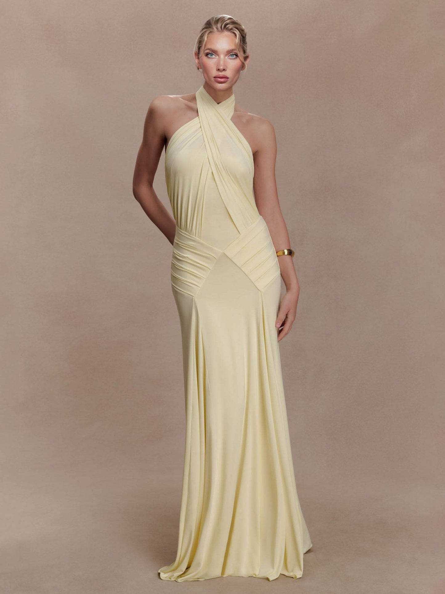 Elegant Pleated Fitted Backless Maxi Dress Yellow