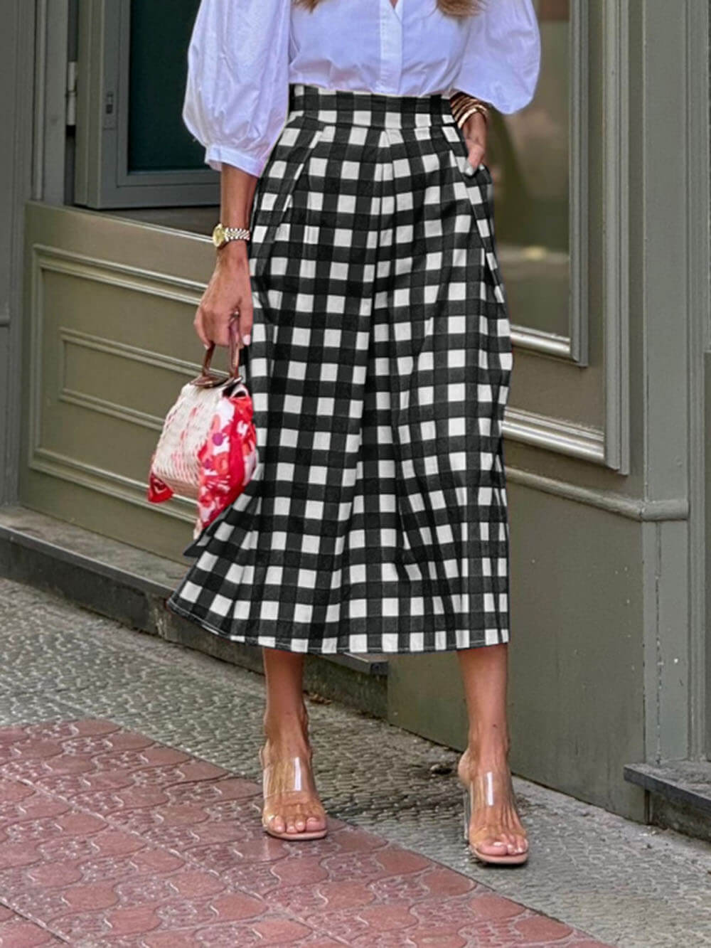 Casual Plaid Print Loose High Waist Maxi Skirt Black