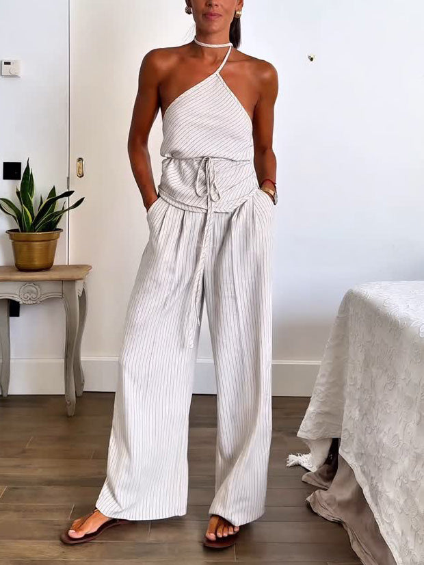 Casual Striped Print Lace-up Vest Wide-leg Pants Two-piece Set White